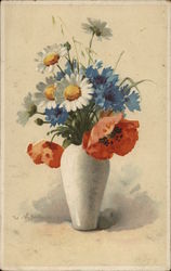Bouquet of Daisies, Orange and Blue Flowers in White Vase Postcard