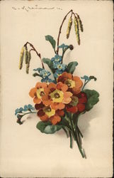 Orange, Yellow and Blue Flower Bouquet with Green Foliage Postcard