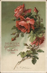 Pink Roses and Buds with Green Leaves C. Klein Postcard Postcard