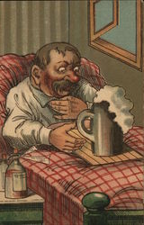 German Man in Bed with Foaming Beer German Man in Bed with Foaming Beer