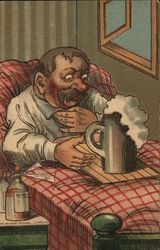 German Man in Bed with Foaming Beer Comic, Funny Postcard Postcard