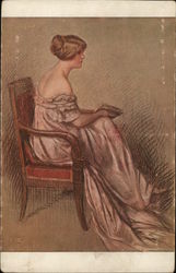 Woman with Bare Shoulders in Red Chair Holding a Book Women Postcard Postcard