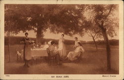 Five People Near Picnic Table, Servant Carrying Tray Postcard