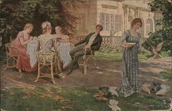 Man at Table with Women Watching Woman Feeding Chickens Postcard