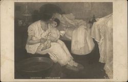 Woman Feeding Child on Her Lap Near Bowl of Water Children Postcard Postcard