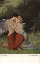 Young Man with Wings Kissing Young Woman with Wings Postcard