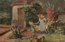 Blond Girl with Blue and White Dress Watering Flowers Postcard