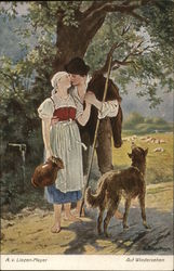 Young Man Kissing Young Woman Holding Pitcher Under Tree Young Man Kissing Young Woman Holding Pitcher Under Tree