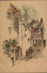 Woman and Man with Cane on Walkway Near Houses Postcard