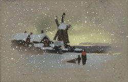 Adult and Child Walking Through Snow Near Town Postcard