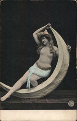Topless Blond Woman Posing with Crescent Moon Postcard