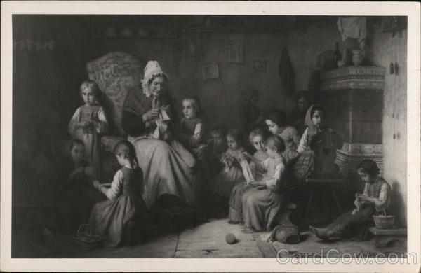 Painting of Old Woman And Lots of Kids Art