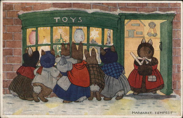 Dressed Bunnies Peering in Shop Margaret Tempest Dressed Animals