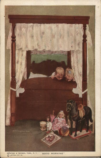 Children Looking at Toys at Foot of Bed - Good Morning