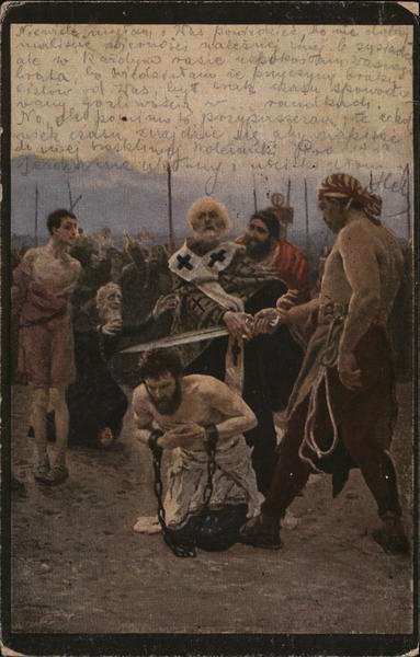 Kneeling Man in Chains Near Men Holding Sword Religious