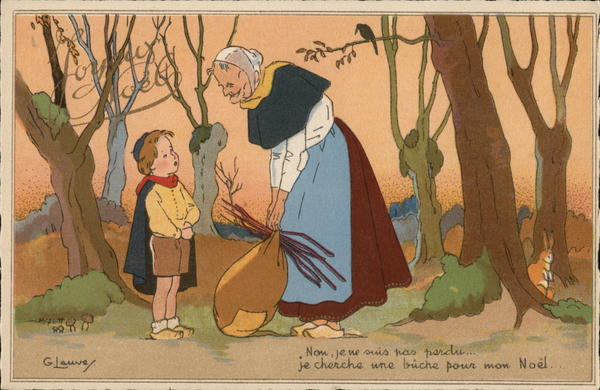 Little Boy Talking to Older Woman in Woods Children