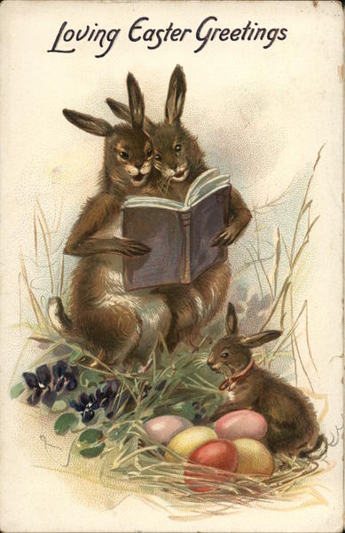 Rabbits Reading to Baby Bunny - Loving Easter Greetings