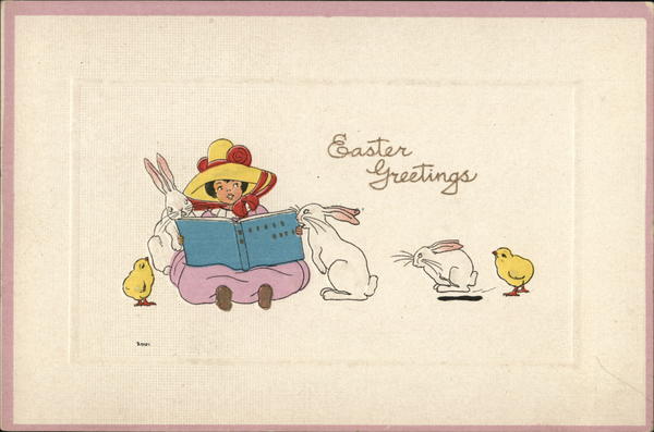 Child Reading to Bunnies and Chicks - Easter Greetings