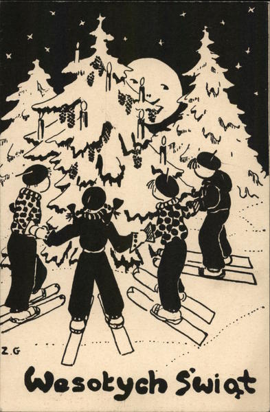 Illustration of Skiiers Gathered Around Christmas Tree - Wesotych Swiat