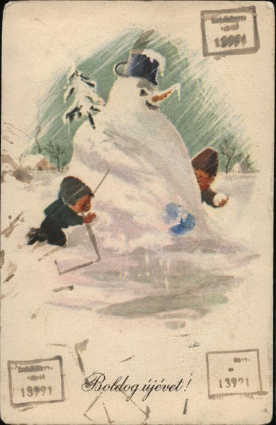 Two Children Playing Near Large Snowman