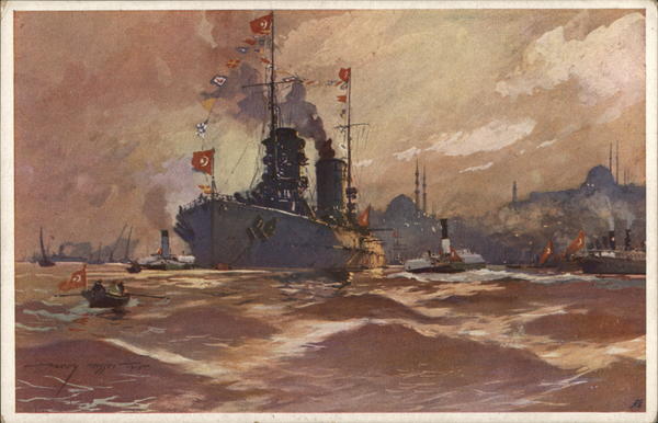 Large Military Ship in Water Near Smaller Boats Navy