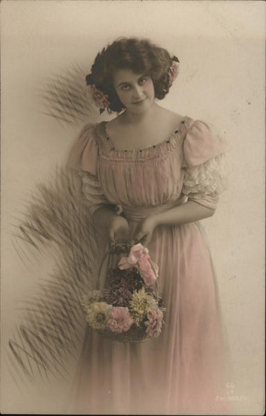 Woman with Basket of Flowers - Hand Colored Women