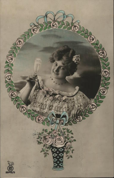 Woman with Champagne Flute in an Illustrated Floral Frame