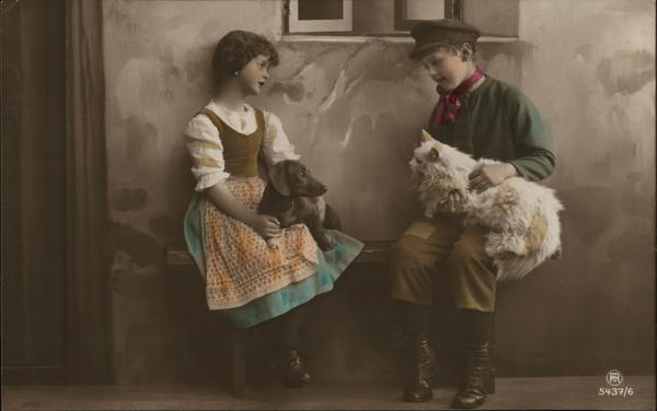 Boy and Girl with Cat and Dog - Hand Colored Children