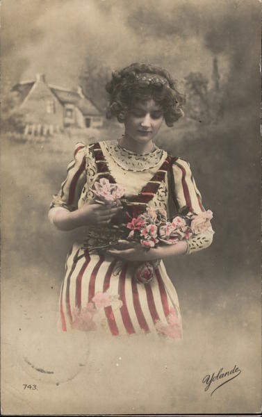 Woman in Striped Dress with Flowers Women