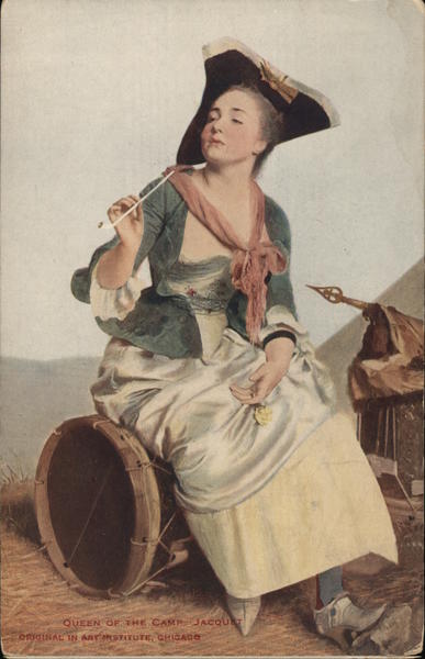 Woman Wearing Tricorn, Holding Pipe, Seated on Drum