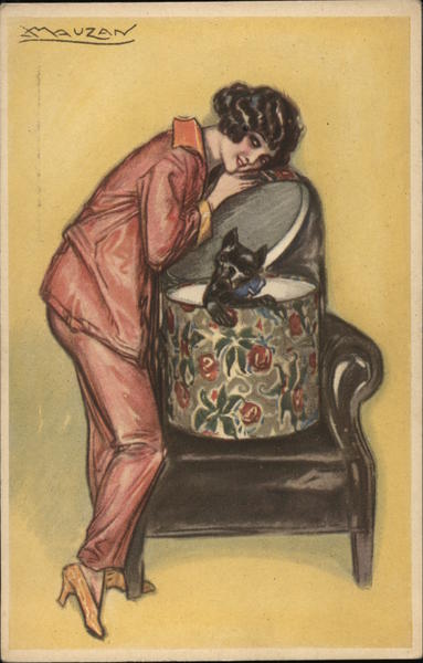 Italian Art Deco Artist LA Mauzan Woman with Dog in Hat Box Sitting on Black Chair