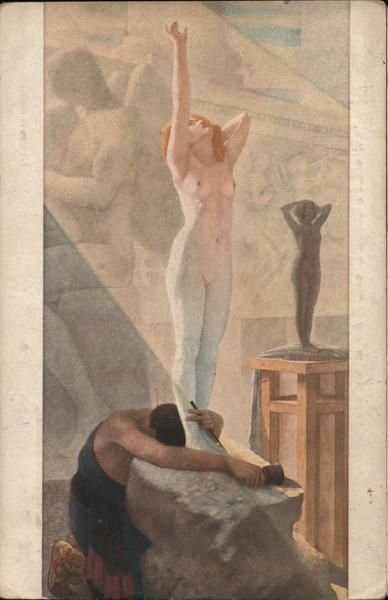 Male Sculptor Hugging Feet of Nude Female Sculpture