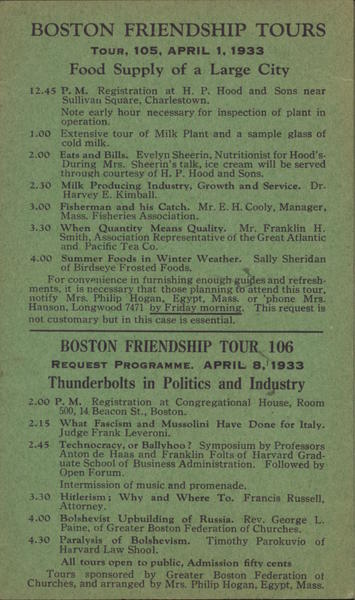 Boston friendship tours programme from 1933 Travel