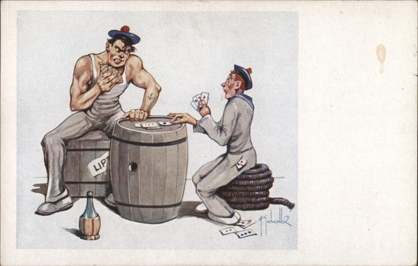 Muscle Man Playing Cards with Little Guy Cheating Comic, Funny