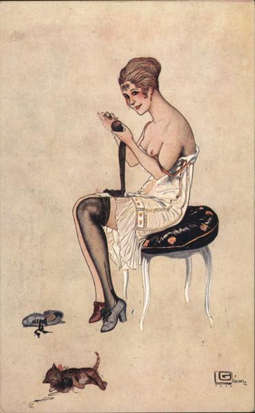 Illustration of Partially Nude Woman Removing Stockings