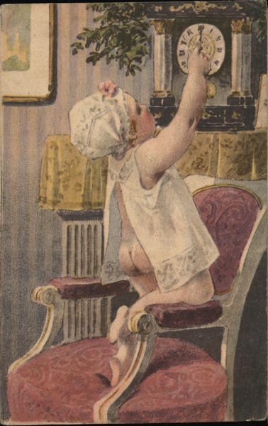 Child with Bare Bottom Exposed Adjusting Clock Hands