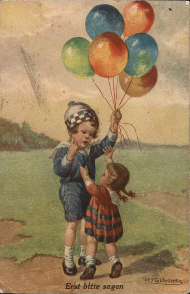 Little Boy Holding Balloon Bunch Away from Little Girl