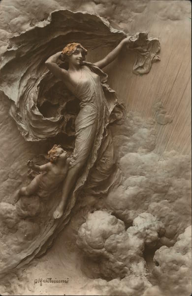 Sculpture of Woman and Child in Clouds Art