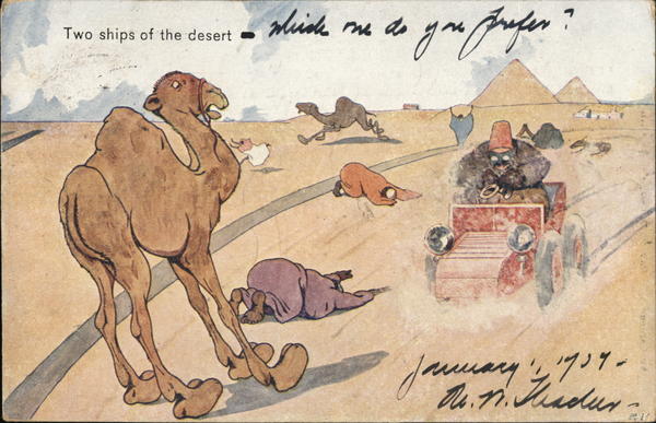 Two ships of the Desert - Camel and Automobile Cars