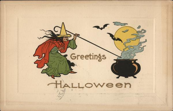 Witch with Cauldron and Bats - Greetings Halloween
