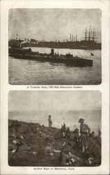 A Torpedo Boat and Soldier Boys California Postcard Postcard Postcard