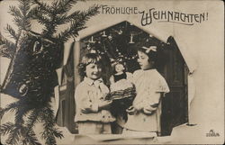 Children with Doll in Front of Tree - Frohliche Weihnachten! Postcard