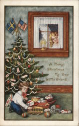 Angel Looking in Window at Boy with Christmas Toys Children Postcard Postcard