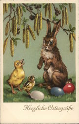 Bunny with Chicks - Herzliche Osterrgrusse With Bunnies Postcard Postcard
