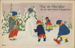 Family Building Snowman Postcard
