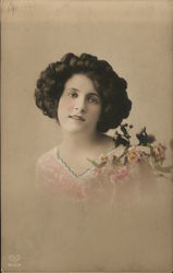 Portrait of Woman with Flowers - Hand Colored Postcard