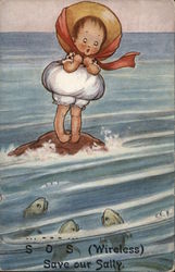 Frightened Girl Stranded on Rock - Fearful of Fish - SOS (Wireless) Save our Sally Postcard