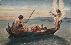 Ancient Man and Woman Romantic in Boat, Angel Playing Harp Romance & Love Postcard Postcard