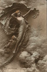 Sculpture of Woman and Child in Clouds Postcard
