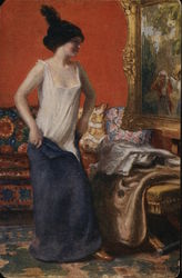 Woman Undressing While Looking at Painting Women Postcard Postcard